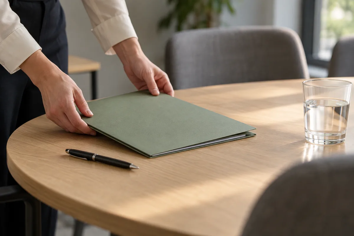 Mains qui posent un dossier fermé sur une table de réunion ronde en bois clair
