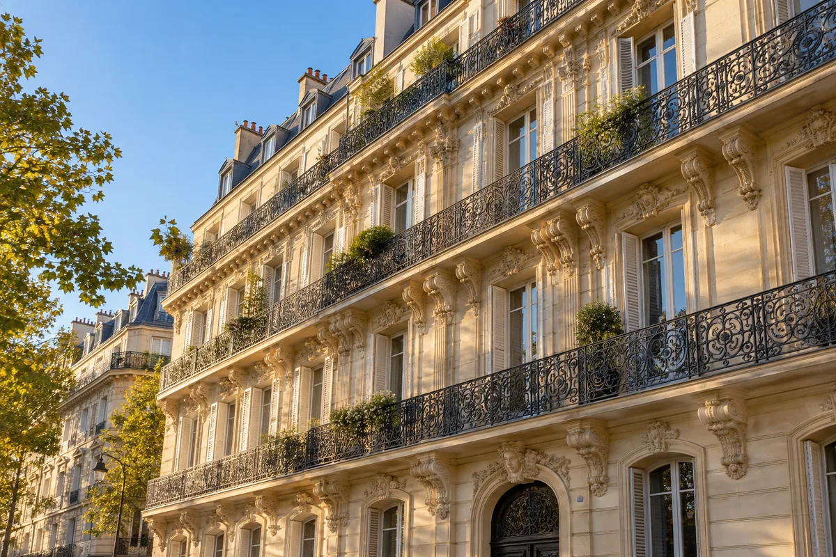 Façade d’immeuble haussmannien en pierre claire avec balcons en fer forgé sous un ciel bleu