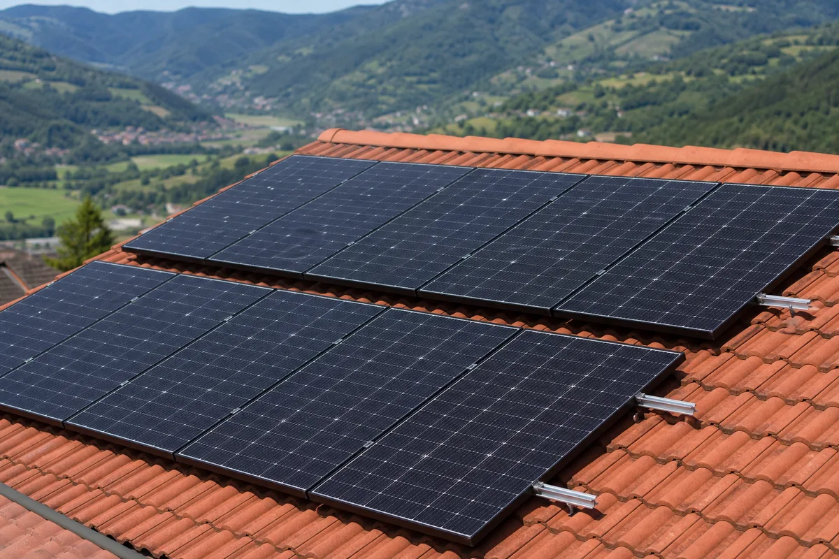 Toiture d&rsquo;une maison individuelle équipée de panneaux photovoltaïques dans un paysage de montagne