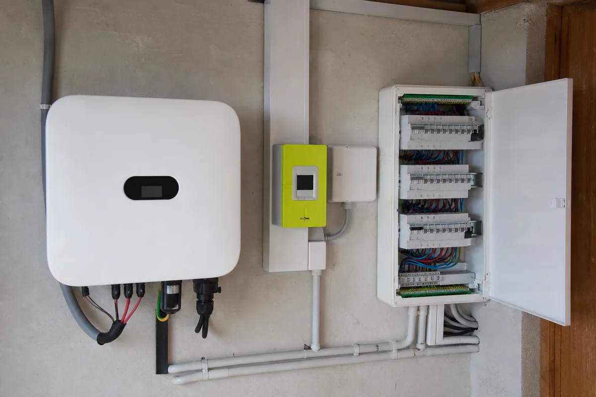 Compteur communicant et onduleur photovoltaïque installés sur le mur d&rsquo;un garage résidentiel