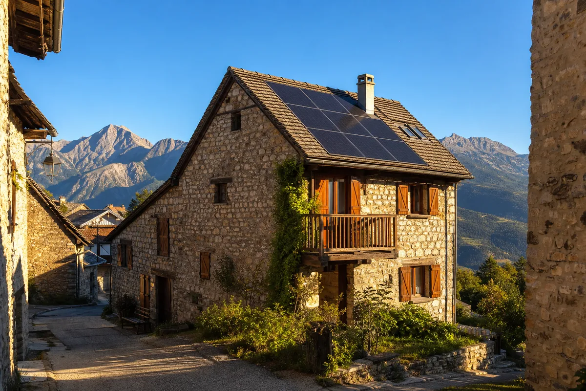 Maison de village en pierre avec panneaux solaires en toiture sous un ciel dégagé de montagne