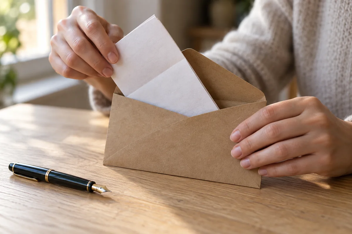 Mains glissant une lettre pliée dans une enveloppe kraft avant l&rsquo;envoi au locataire