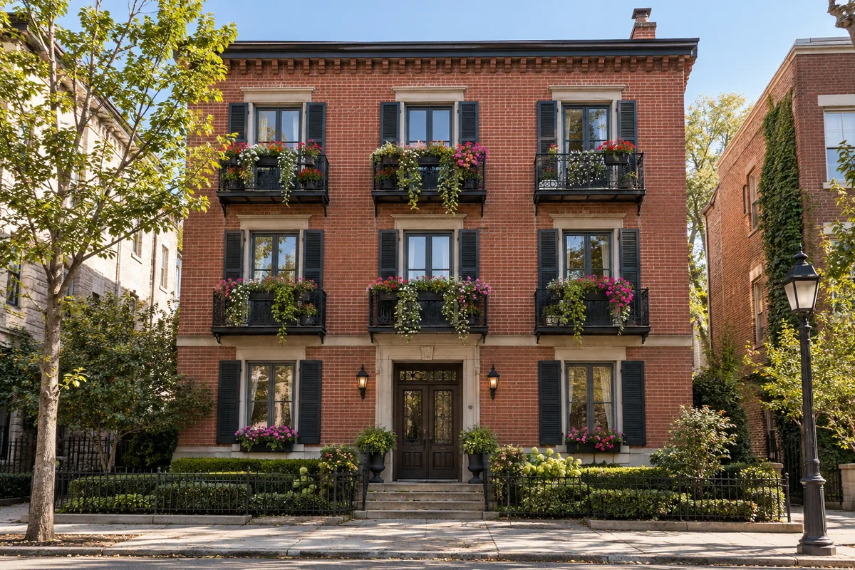 Façade d&rsquo;un petit immeuble résidentiel en briques dont les appartements sont loués