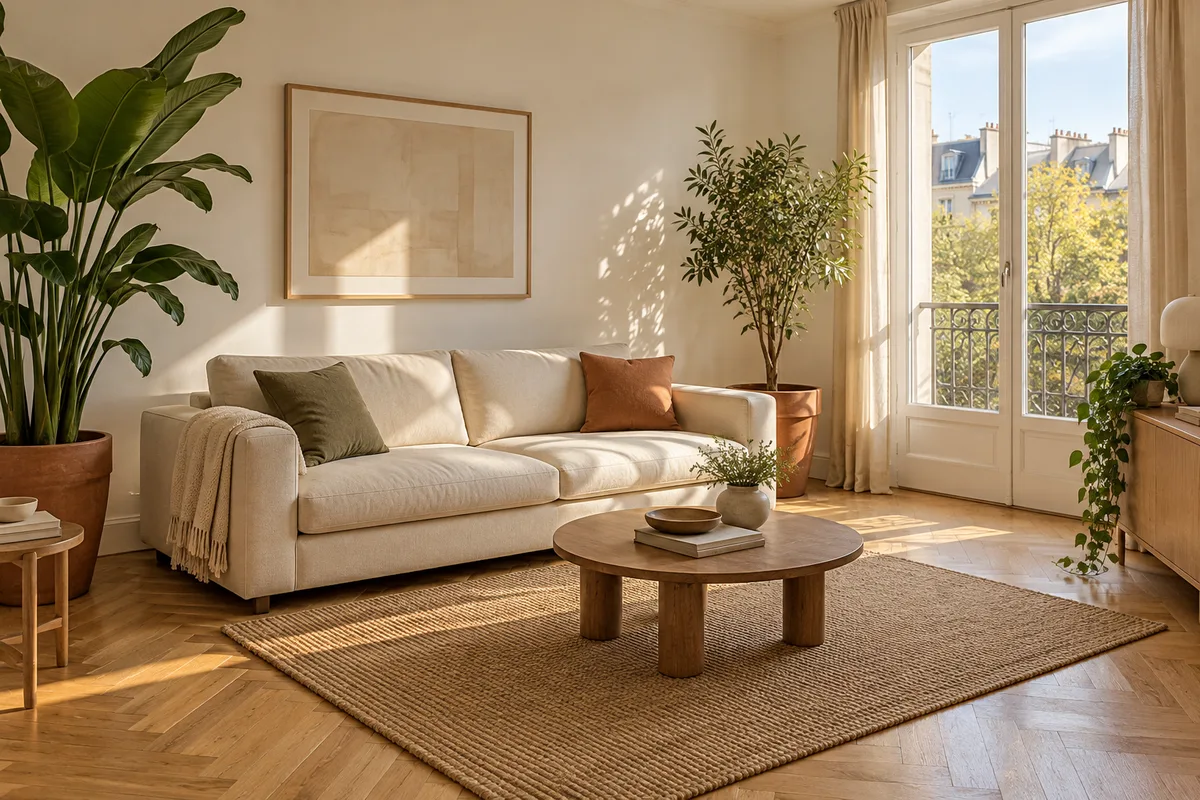 Salon lumineux d&rsquo;un appartement loué avec un canapé clair et des plantes vertes