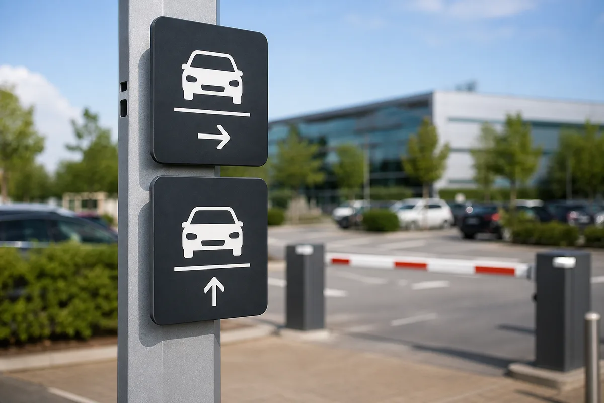 Panneaux de signalisation verticale sur un parking d&rsquo;entreprise