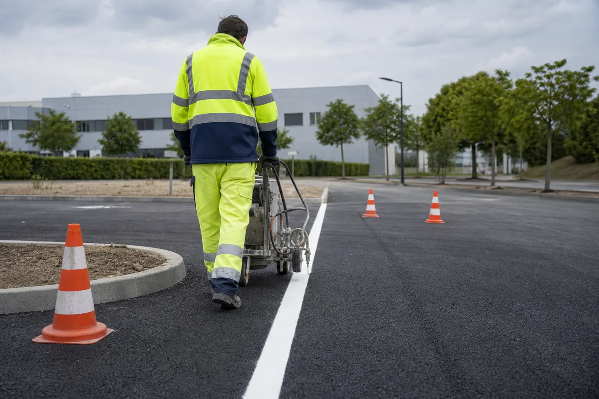 Traçage à la résine blanche des places sur un enrobé neuf