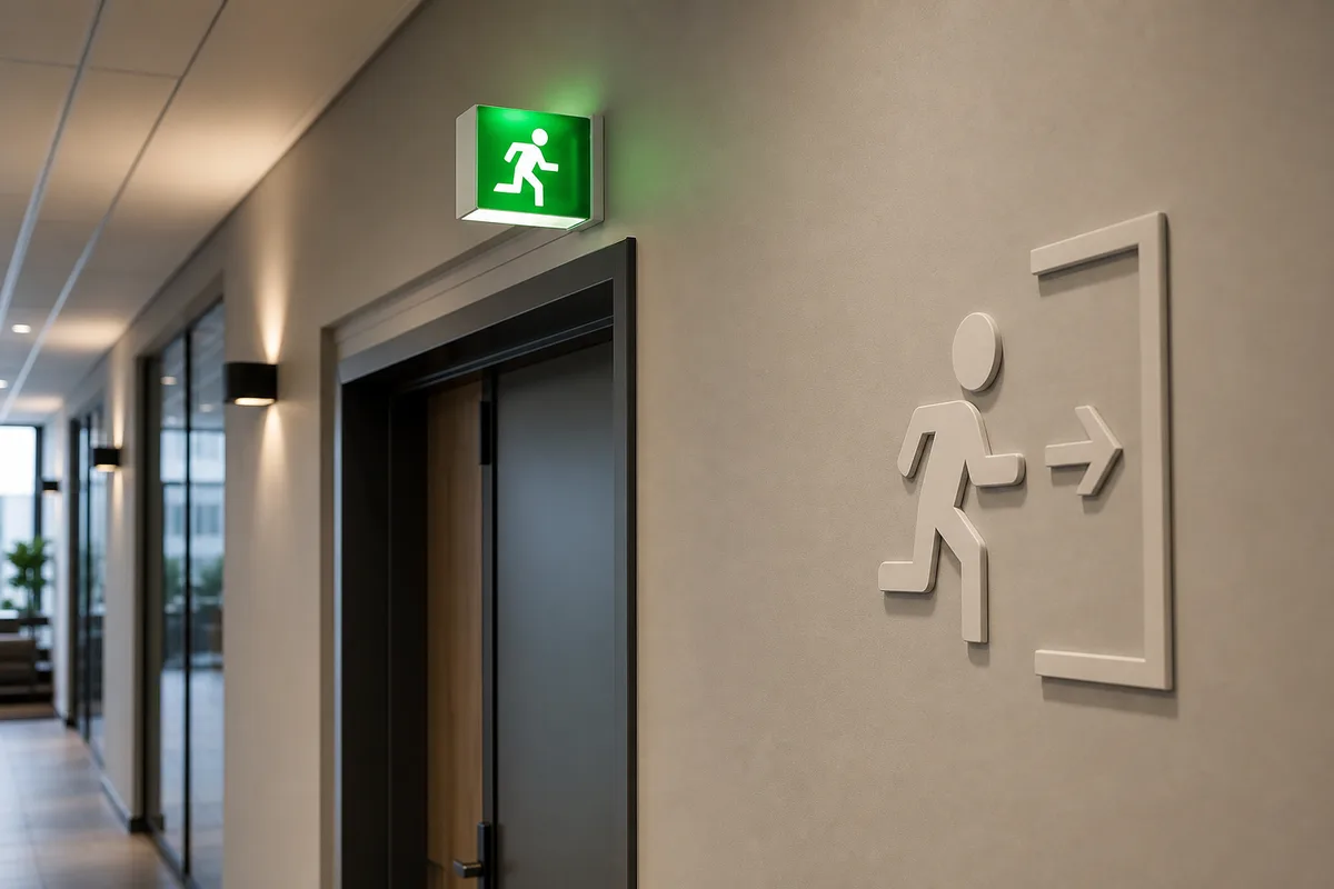 Pictogrammes d&rsquo;évacuation normalisés dans un couloir de bureaux