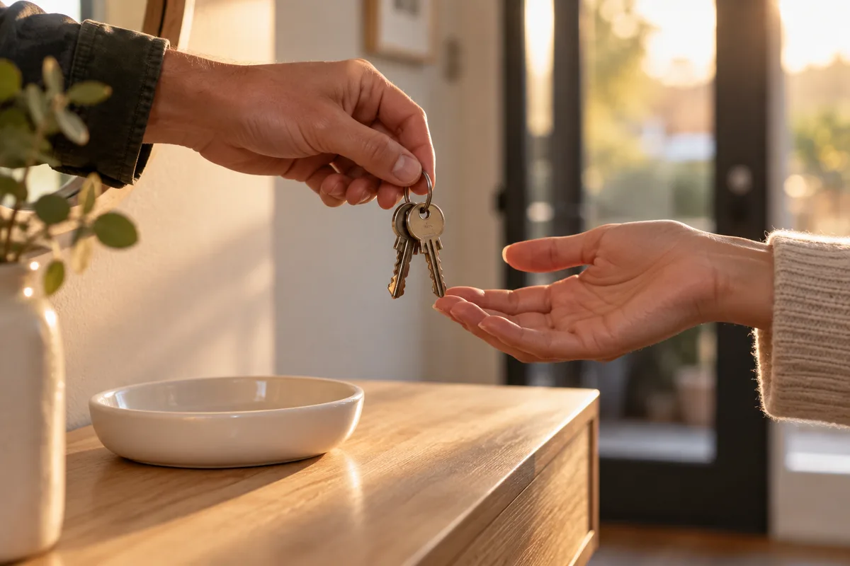 Mains qui remettent un trousseau de clés au-dessus d’une table d’entrée avant une sous-location