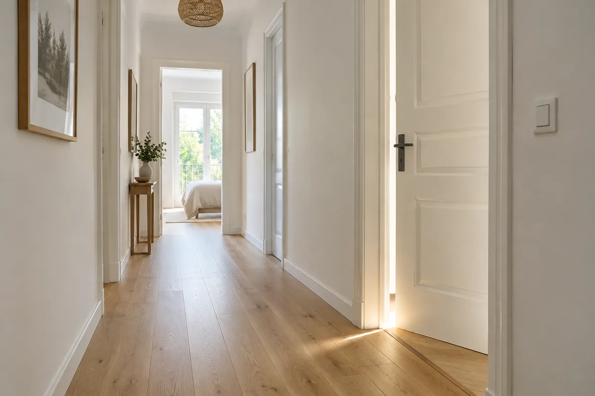 Couloir lumineux d’un appartement partagé avec la porte d’une chambre entrouverte