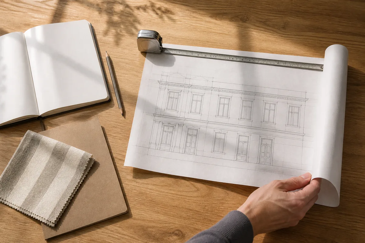 Plans de façade, mètre ruban et formulaire administratif posés sur une table de travail en bois