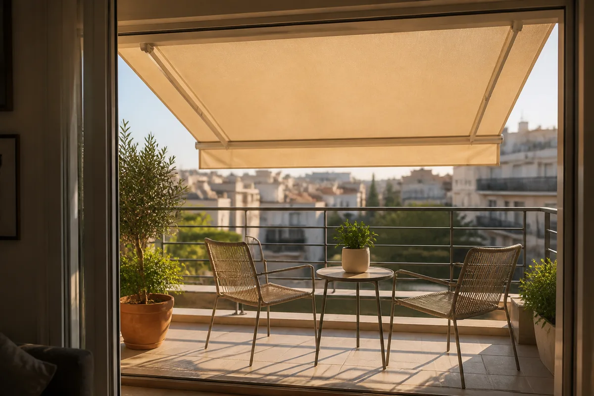 Balcon d&rsquo;appartement ombragé par un store banne déployé en fin de journée d&rsquo;été