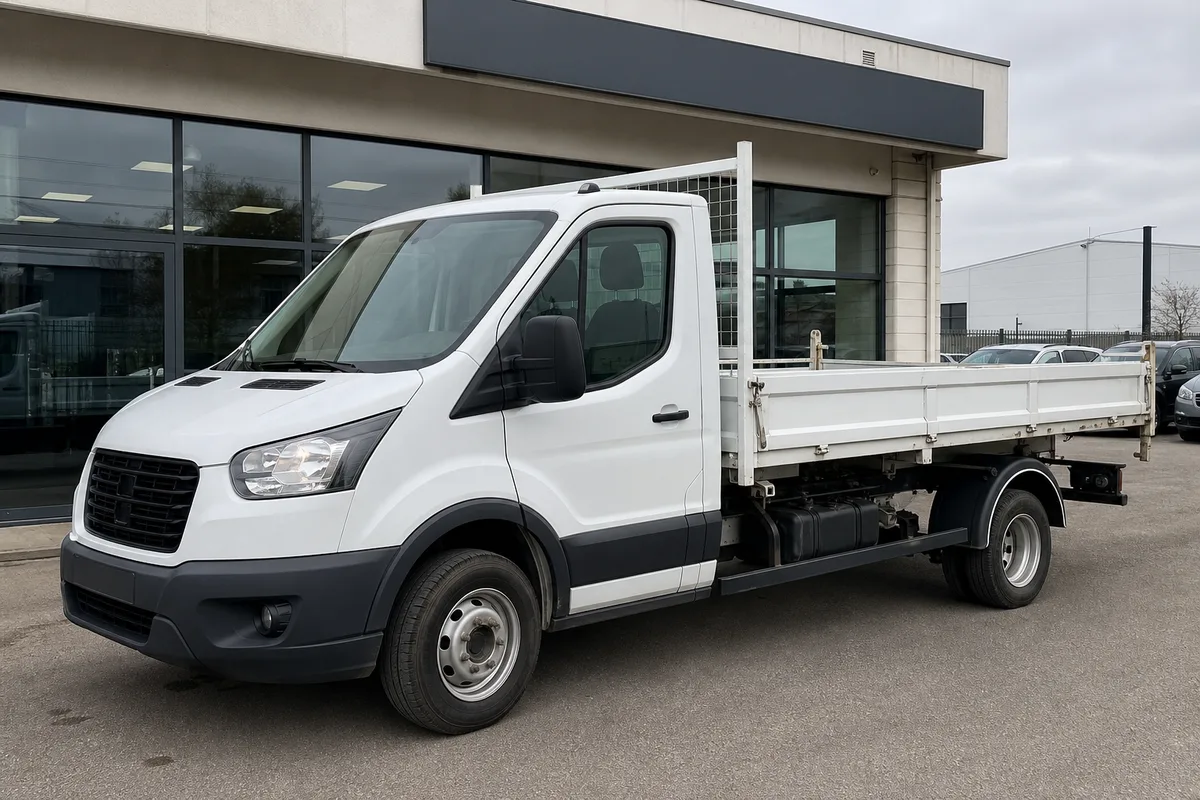 Camion benne 3t5 blanc stationné devant une agence de location française