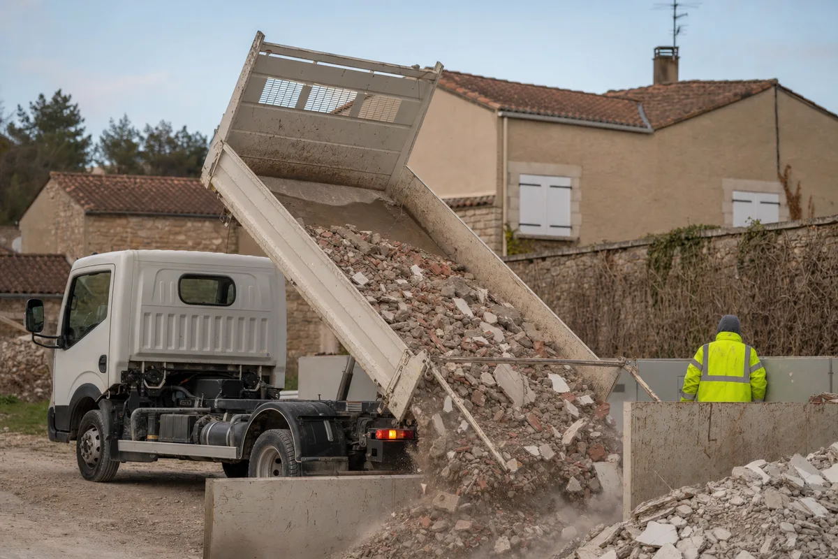 Benne basculante relevée déversant des gravats sur un chantier de rénovation