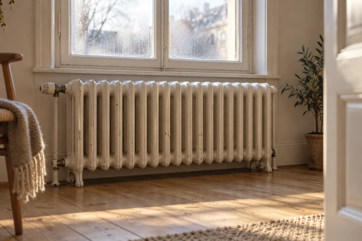 Radiateur en fonte blanc sous une fenêtre embuée dans un logement loué en hiver