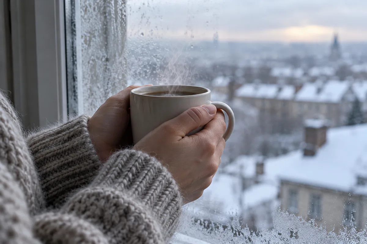 Mains tenant une tasse fumante près d’une fenêtre par une journée d’hiver