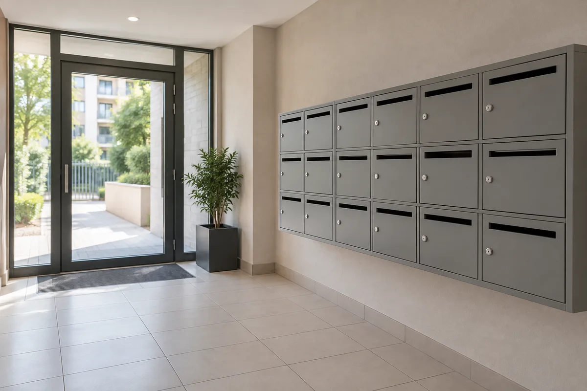Hall d’immeuble propre avec une rangée de boîtes aux lettres en métal